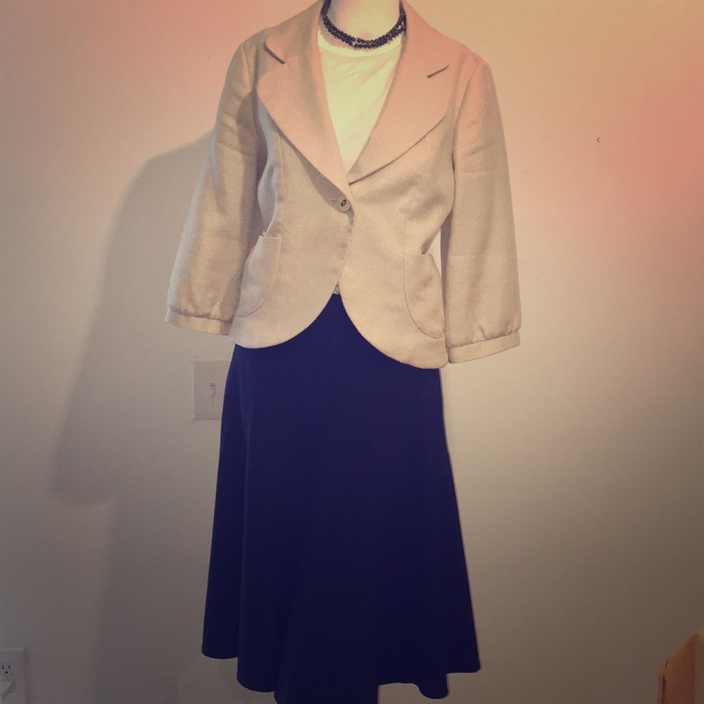 Ann Taylor gold shimmer jacket, navy skirt..